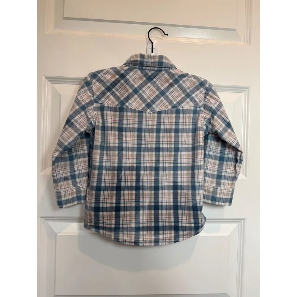 31.Janie and Jack Boys Blue Plaid Western Snap Button Down Shirt 4T Cotton
